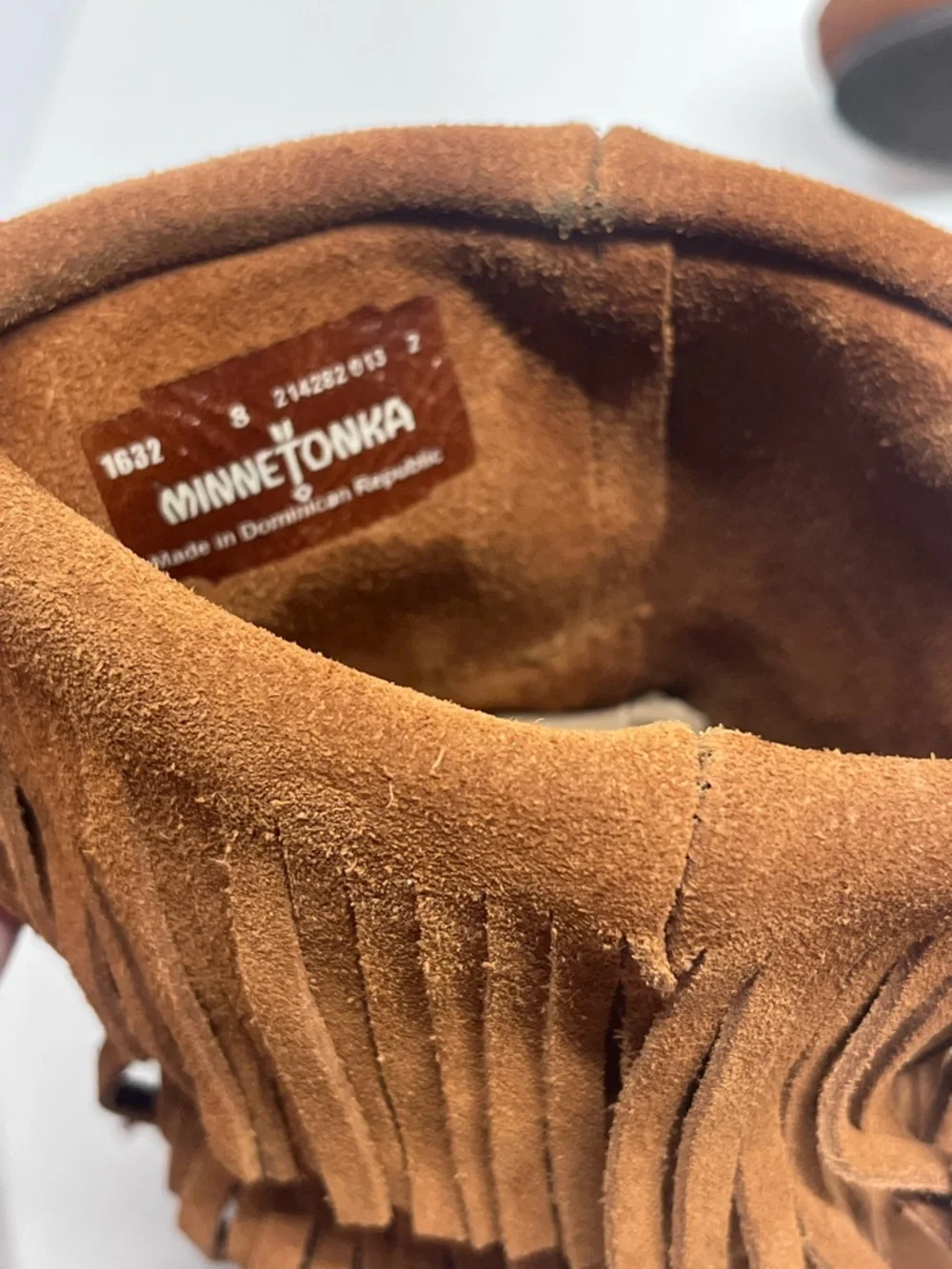 Minnetonka Triple Fringe Suede Moccasin Boots in Tan Brown Bohemian Boho - Picture 2 of 8